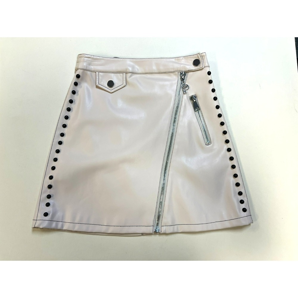 New PINKO Vegan Leather A-Line Mini Skirt Tan Studed Exposed Front Zip Lined S